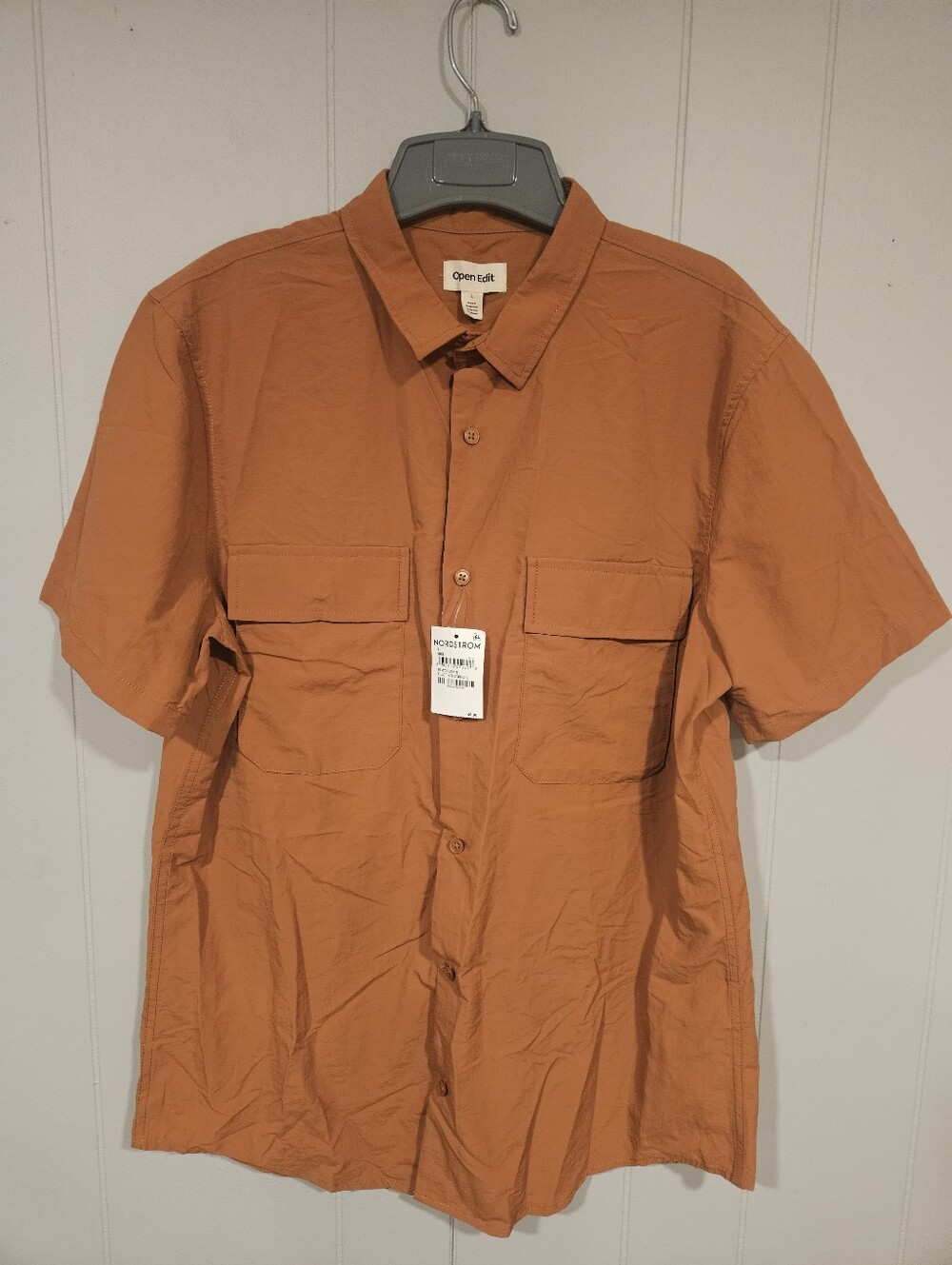 Open Edit Mens Large Nylon Button-Up Burnt Orange Outdoor Short Sleeve Shirt NWT